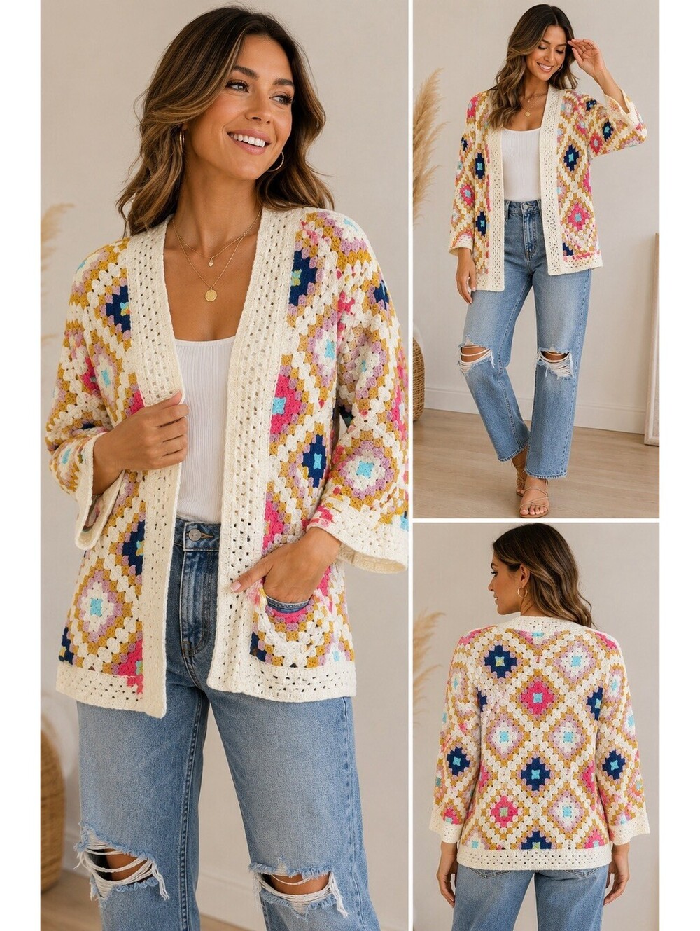 AZ Granny Square Crochet Cardigan Women M Multicolor Boho Open Front Sweater